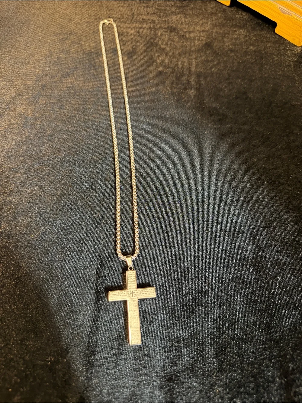 Lord’s Prayer Stainless Steel Cross Pendant w/ 24in white gold filled Cube chain